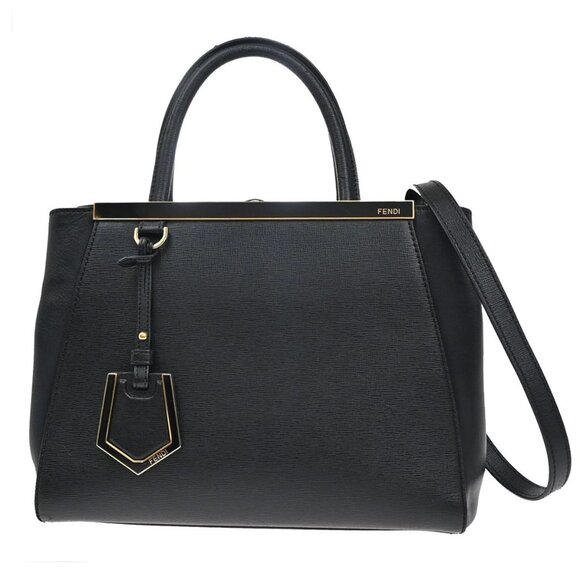 FENDI Logo Petit 2Jours 2Way Shoulder Hand Bag Leather Black GHW Italy 85YH457
